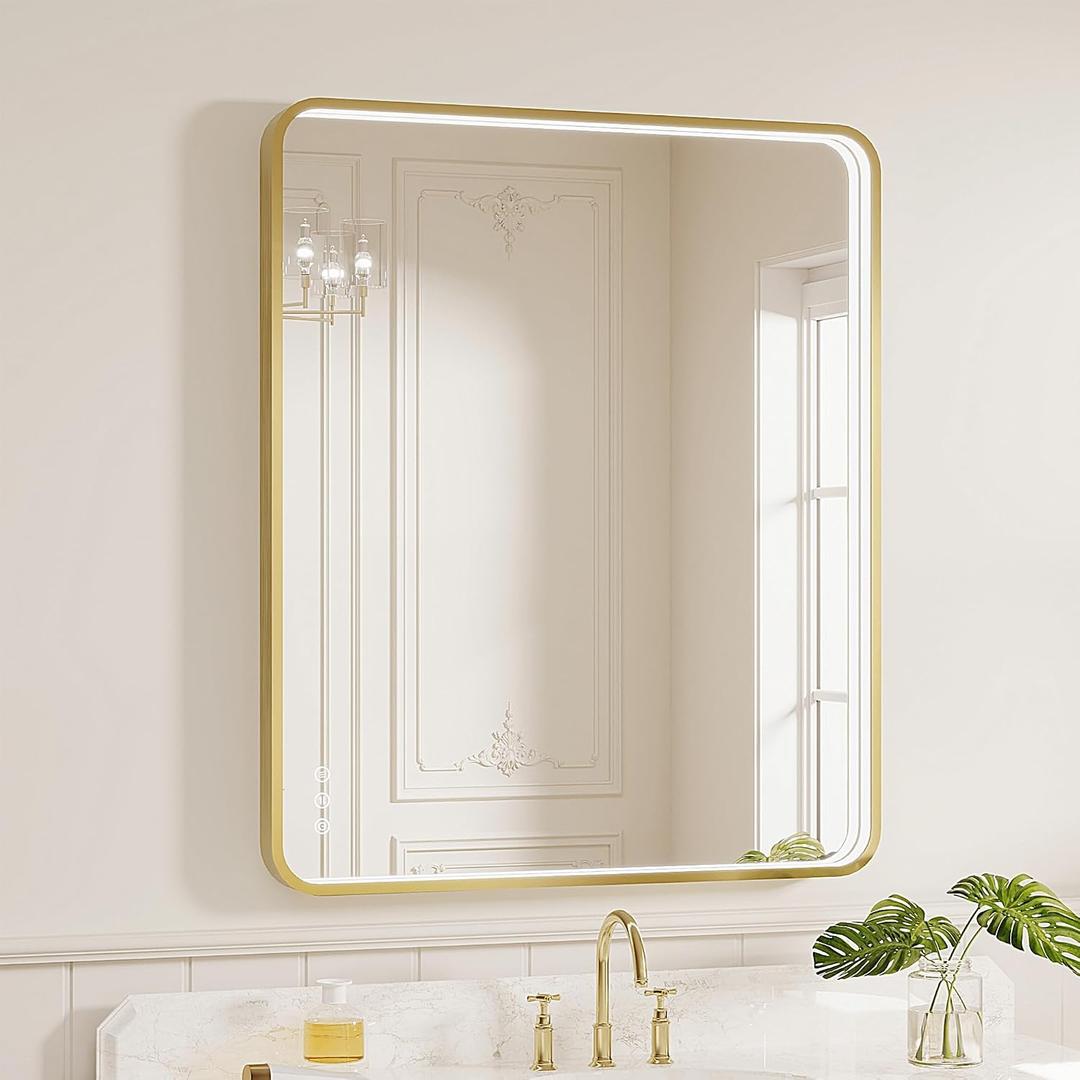 LED Bathroom Mirror with Lights, 30x36 Inch Gold Metal Framed LED Mirror for Bathroom, 3 Colors and Stepless Dimmable Wall Mounted Lighted Bathroom Vanity Mirror, Anti-Fog, Memory