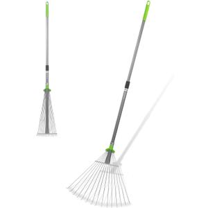 Leaf Rake for Gardening, Adjustable Metal Garden Rake for - Collapsible & Telescopic, Long Handle 32”- 63”, Heavy Duty Metal Rakes Tool for Garden, Yard, & Lawn