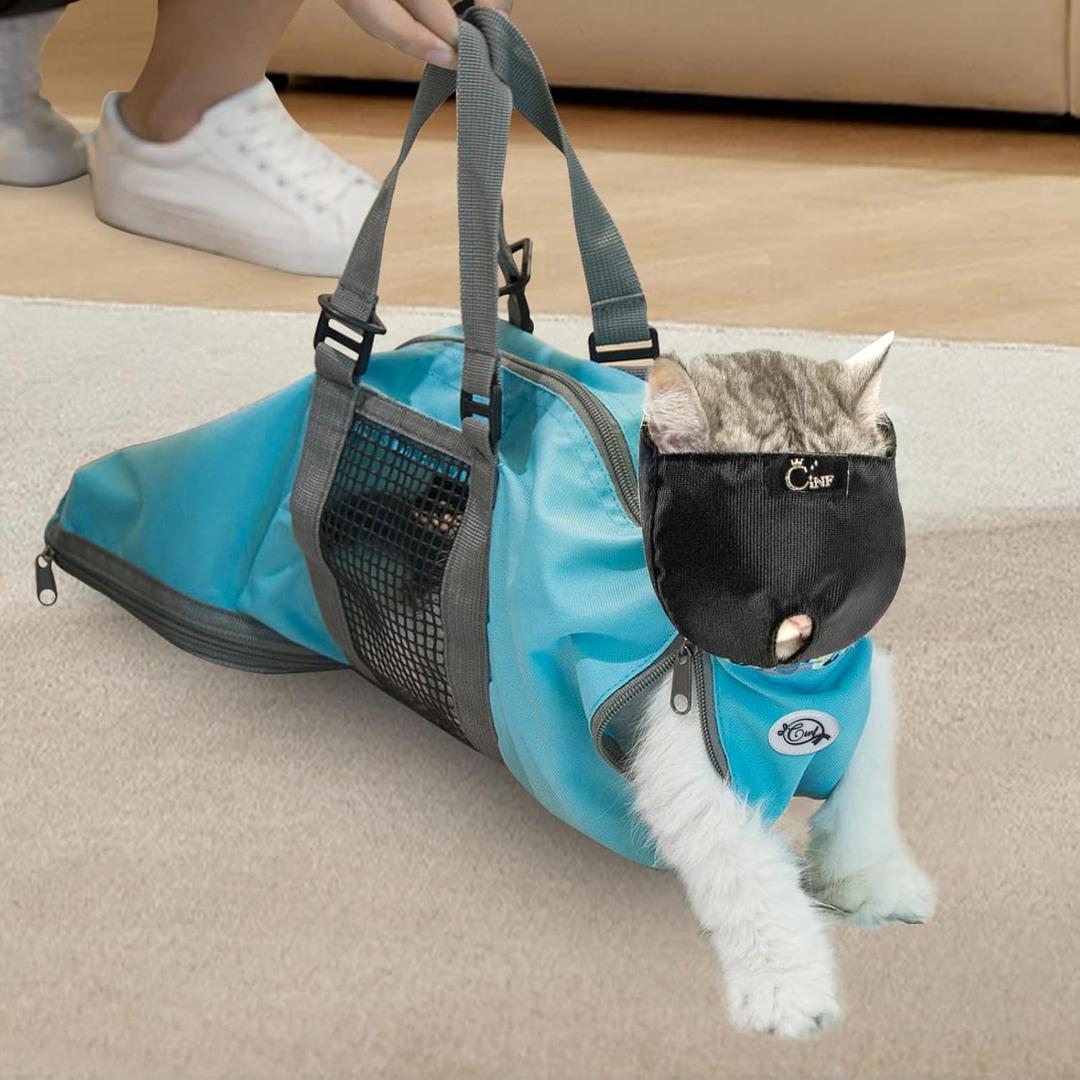 Cinf Cat Nail Clipping Cleaning Grooming Restraint Bag Free Muzzle No Scratching Biting for Bathing Nail Trimming Injecting Examining (Blue,M) Adult Cats (812 lbs)