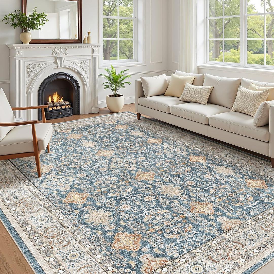 Vintage Living Room Area Rug 9x12 - Large Soft Washable Oriental Traditional Distressed Farmhouse Rugs for Bedroom - Indoor Floor Accent Carpet for Home Office House Decor - Dark Blue