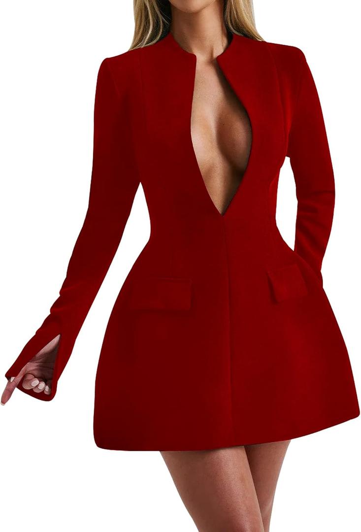 LuFeng Women's Long Sleeve Sexy Deep V Neck Zipper A-line Mini Dress Hollow Bodycon Night Out Party Dress (Red), Large