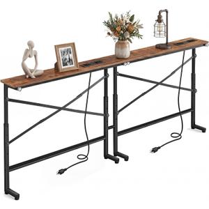 2-Pack Narrow Console Table with 2 Power Outlets & USB-C & USB, 78.8" Narrow Sofa Table with Adjustable Height 25"-32", 5.9" Skinny Behind Couch Table with Storage for Living Room, Entryway, Brown
