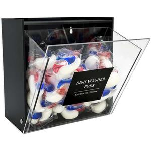 Laundry Pods Container, Acrylic Wall Mounted Organizer with Extra Labels, Candy Dispenser Coffee Pod Holder Dishwasher Pods Case for Home,Kitchen, Office, Black