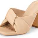 Coutgo Womens Chunky Heeled Mules Puffy Knot Square Open Toe Slip On Sandals Summer Evening Party Prom Shoes (8.5, Khaki)