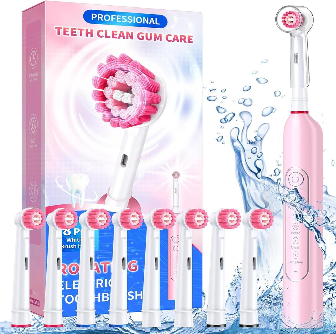 TEETHEORY Rotating Electric Toothbrush for Adults with 8 Brush Heads, Deep Clean Rechargeable Electric Toothbrush with 4 Modes and 2 Min Smart Timer, Last 30 Days and IPX7 Waterproof Pink (1 Count (Pack of 1))