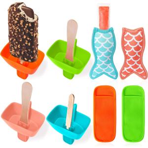 Juome 8Pcs Popsicle Holders Ice Pop Sleeves Set for Kids, Reusable Silicone Popsicle Holder with Built in Straw Neoprene Popsicle Sleeves for Toddlers No Drip, Freeze Pop Holders for Kids Mess Free (pink, blue, orange, green)