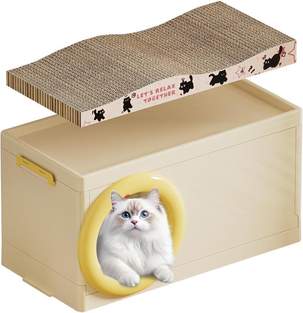 Plastic Cat House with Scratching Board, Foldable Feral Cat Shelter, Waterproof Weatherproof for Outdoor Indoor Use