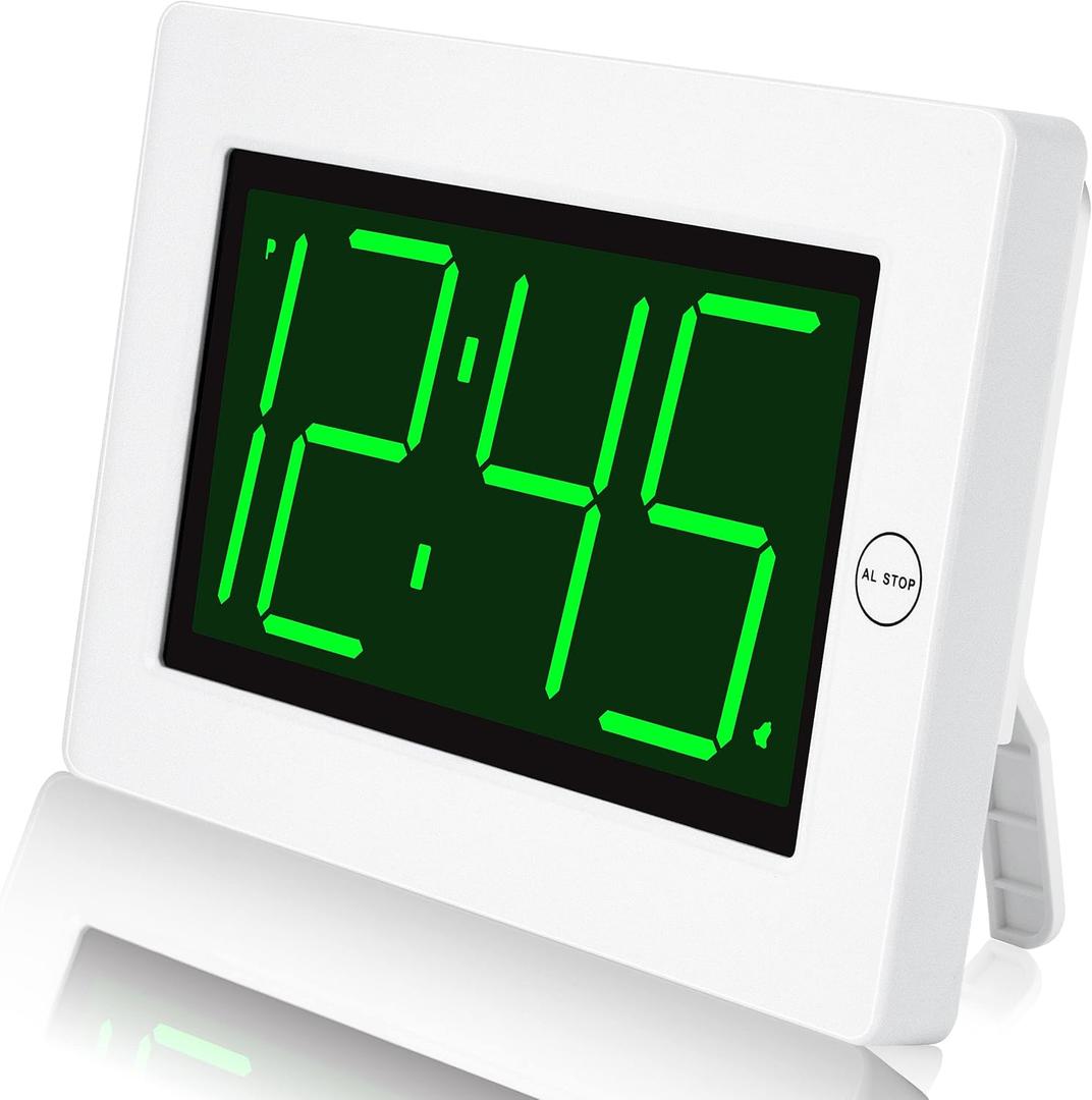 KWANWA LED Digital Clock, Alarm Clock, Wall Clock, 3" LED Digit Display, Adjustable Brightness, Auto Night Mode, Auto Alarm Volume Increasing, Wall-Mount & Table-top, Alarm Clock for Bedroom (White Case-green Led Digit)