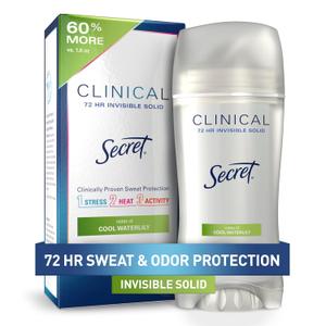 Secret Clinical Strength Antiperspirant Deodorant for Women, 3X Stress Protection, 72hr Sweat & Odor Protection, PH Balancing Minerals, Invisible Solid, Cool Waterlily Scent, 2.6 oz (2.6 Ounce (Pack of 1))