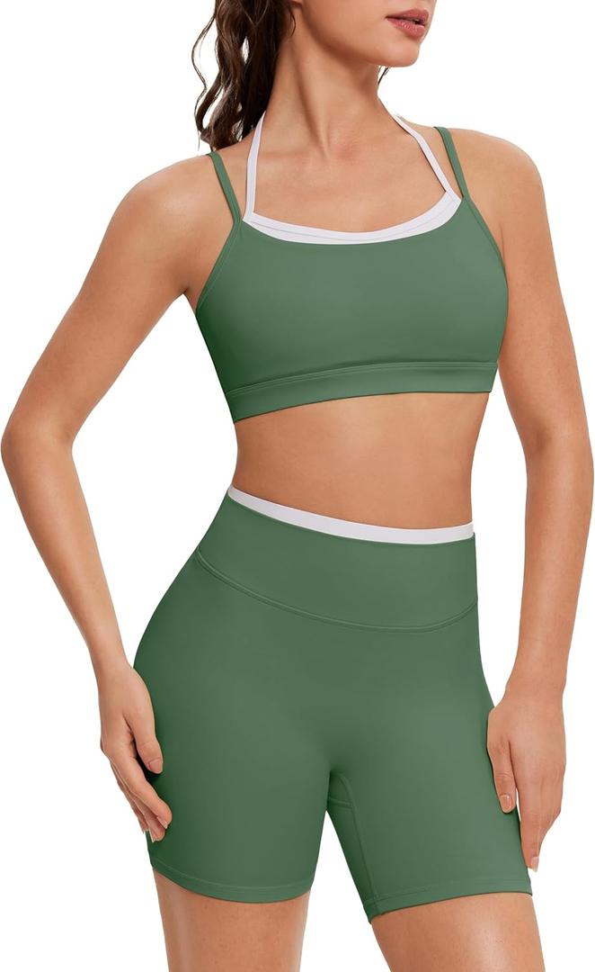 OMKAGI Workout Sets for Women Cute Doubel Layer Open Back Sports Bras Gym Shorts Outfits, S
