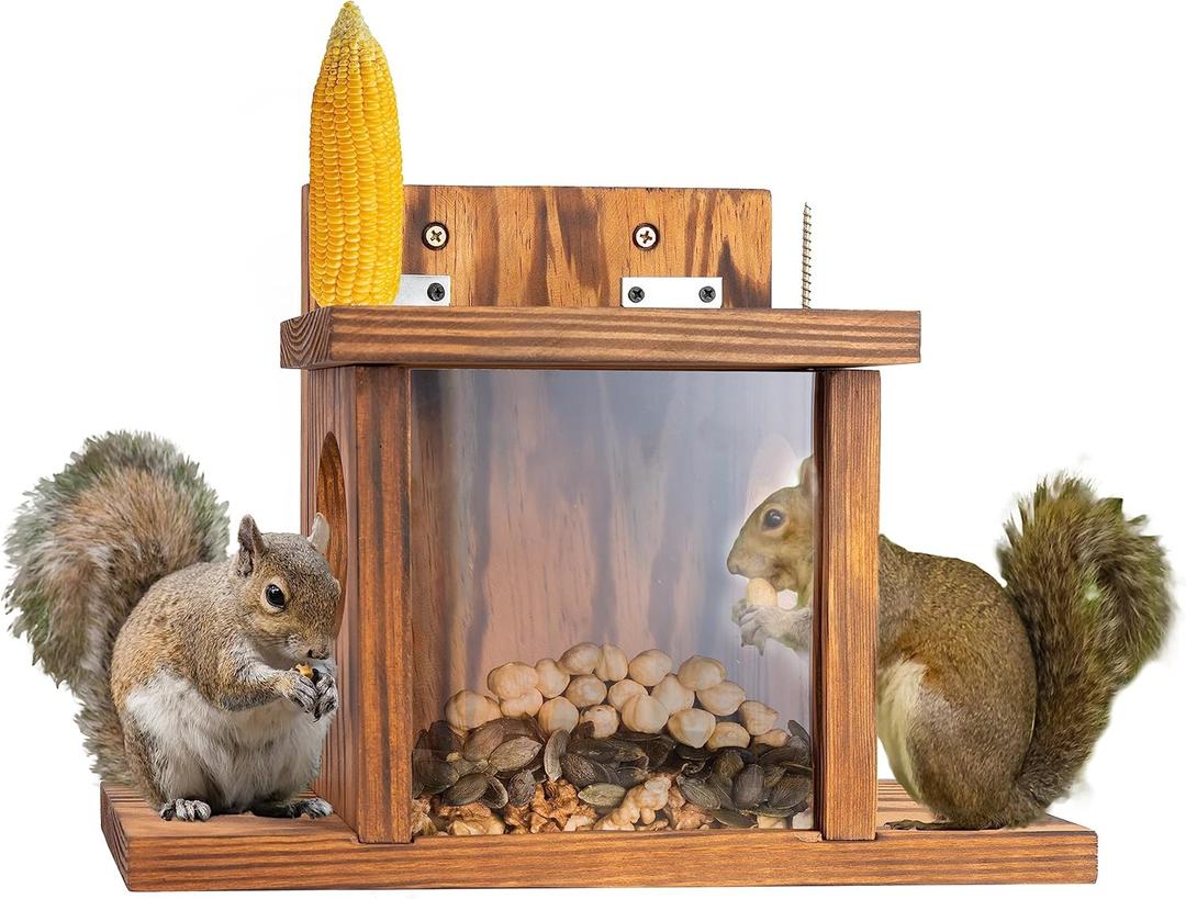 MIXUMON Wood Squirrel Feeder, Squirrel Feeders for Outside Winter, Wooden Chipmunk Feeder for Corn, Peanuts, Durable Box Easy to Fill with Removable Front Panel (Style 1)