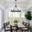 Psyverii 8-Light Candle Style Black Wagon Wheel Chandelier, Retro Farmhouse Country Style Industrial Round Pendant Light Fixture for Living Room, Dining Room, Foyer, Kitchen Island, Entryway