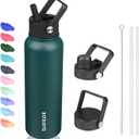 BJPKPK Insulated Water Bottles with Straw Lid, 40oz Stainless Steel Water Bottles with 3 Lids, BPA Free Leakproof Thermos, Tumblers, Cups for Sports, Gym- Army Green