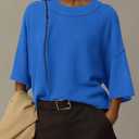 BTFBM Womens Short Sleeve Tops 2025 Summer Casual Crew Neck Oversized Sweater Solid Color Ribbed Knit T Shirts (Blue, M)