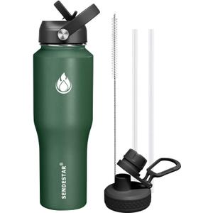 SENDESTAR Water Bottle,Wide Mouth Stainless Steel Vacuum Insulated Double Wall Keep Liquids Cold or Hot All Day,Sweat Proof Sport Design,Fit Car Cup Holder,Dark Green,32 Ounces