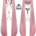 47 inch/ 120 cm Long Pink Wig with Bangs Peluca Rosa Anime Cosplay Wigs with 2 Ponytails for Women Synthetic Pink Hair Pigtail Wig Long Straight Wigs for Halloween Costume Party + Hair Cap
