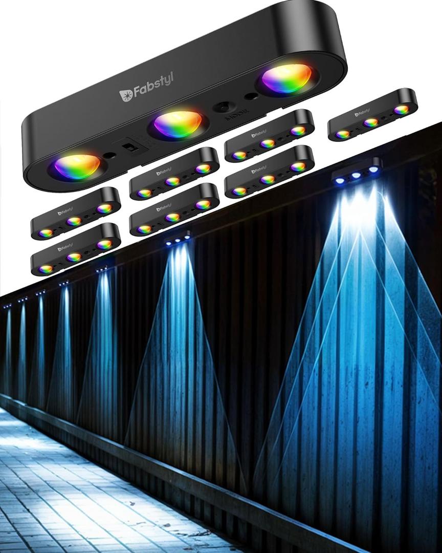 Solar Fence Lights Outdoor 8 Pack, Upgraded 50LM RGB Wall Lights with Sync Group Control & 10 Light Modes, Waterproof IP65 for Outside Porch Wall Deck Garden