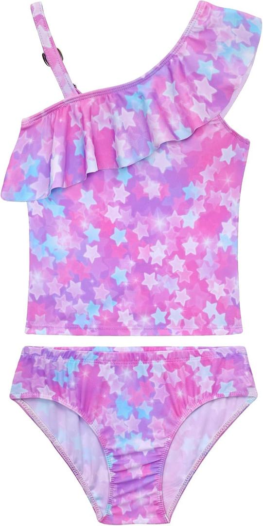 Girls Tankini Swimsuit Two Piece Bathing Suit Colorful Toddler Kids Ruffle Swimwear Adjustable Strap Summer Beach