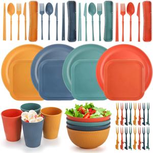 Lyellfe 44 Pieces Wheat Straw Dinnerware Sets, Unbreakable Camping Plates Cups and Bowls Set, Lightweight Kitchen Dish with Knives, Forks, Spoons, Dishwasher Microwave Safe