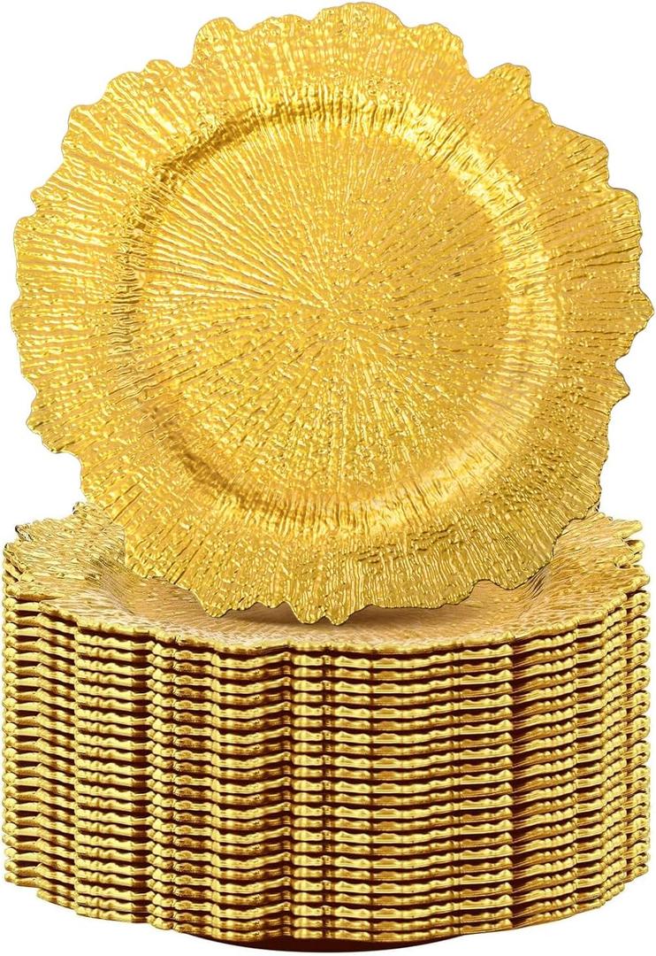 50 Pack Round Gold Charger Plates 12.6 Inch Plastic Gold Reef Charger Plates Decor Round Floral Charger Plates for Wedding Party Dinner Event Birthday and Holiday Decoration (Reef Gold)