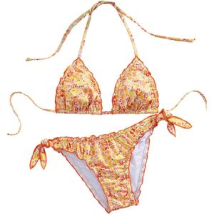 Women's 2 Piece String Bikini Sets Floral Print Ruffled Halter Tie Backless Thong Swimsuits Bathing Suit (Large, Yellow Flower)
