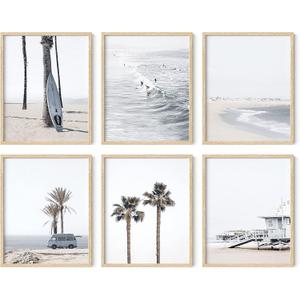 HAUS AND HUES Beach Wall Art Set of 6 Coastal Beach Prints, Ocean-Themed Posters for Home, Bedroom, or Living Room (Beige Frame, 8x10)