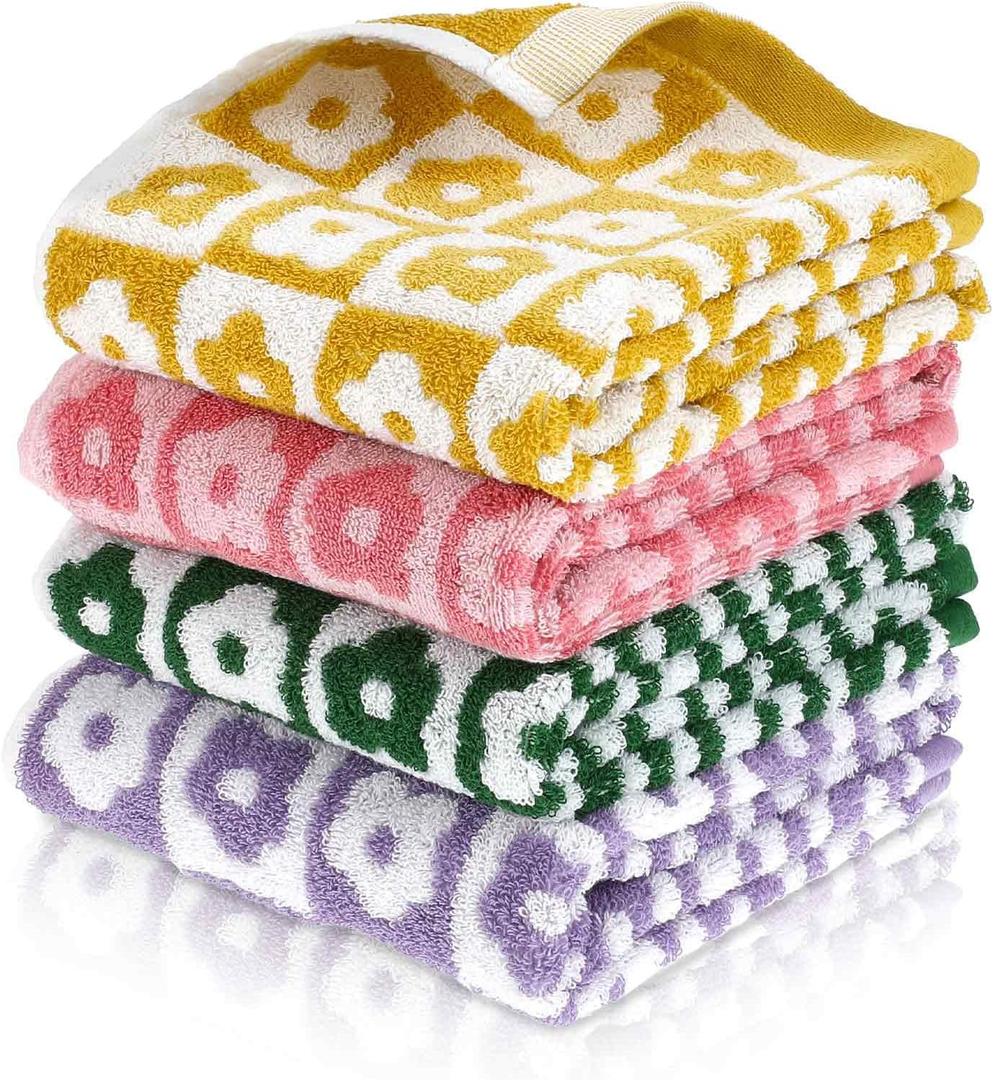 4 Pcs Checkered Hand Towels, Cute Cotton Bath Towels Soft Absorbent Floral Hand Towels for Bathroom, Colorful Patterned Face Towels for Bath Spa Gym Kitchen 13 x 29