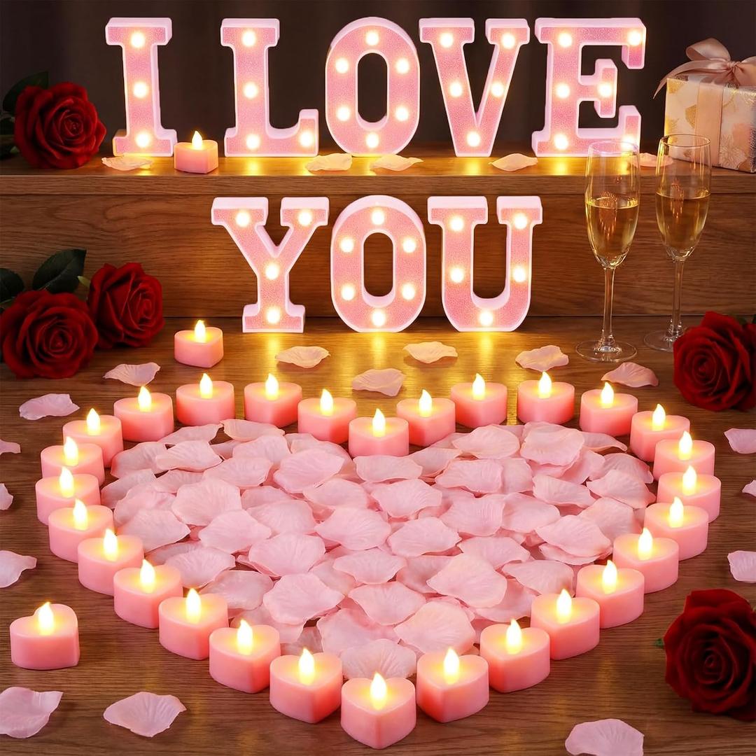 I Love You Light up Letter with 24 LED Heart Flameless Candle 2000 Fake Rose Petals Proposal Decoration Romantic Special Night for Anniversary Wedding Engagement Birthday Party(Pink)