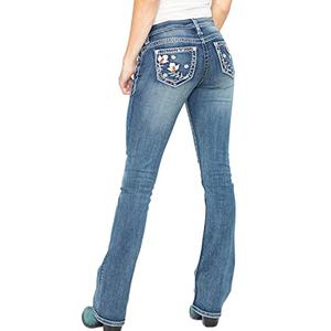 QJBMEI Women's Flower Embroidery Stretch Slim Bootcut Jeans Mid Rise Washed Denim Pants Small