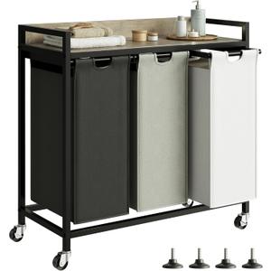 Herture Laundry Hampers with Shelf, Laundry Basket 3 Section, Laundry Sorter with Pull-Out Removable Large 3 Color Bags and Movable Wheels, Metal Frame, 3 x 15.87 Gallons (60L), Greige PF04XLZ, 3 Bags-180 L