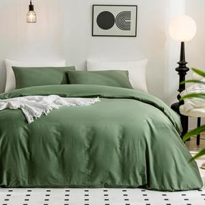 JELLYMONI Green Duvet Cover Queen Size - 100% Washed Cotton Linen Feel Textured Comforter Cover, 3 Pieces Breathable Soft Bedding Set with Zipper Closure (Green, Queen 90"x90")