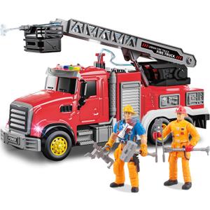 Fire Truck Toy with Sound & Light - 2pcs Firefighter & Water Sprinkler with Water Tank - Friction Powered Toy for Toddlers 3-5