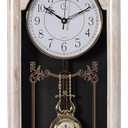 Large Vintage Grandfather Wood- Looking Plastic Pendulum Wall Clock for Living Room, Kitchen, or Dining Room, Large White (23.7 Inch Heigh)