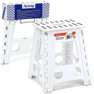 ACSTEP Folding Step Stool 16 Inch Heavy Duty Step Stool Foldable for Adults and Kids, Collapsible Stepping Stool with Handle, Non Slip Folding Stools for Kitchen Hold Up to 400lbs (White 1PC)