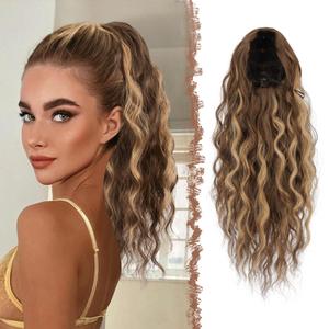 FESHFEN Ponytail Extensions, Long Curly Wavy Drawstring Ponytails Fluffy Clip in Pony Tail Hair Piece Synthetic Hairpieces for Women, 18 inch Golden Brown Mix Blonde