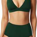 MIKETAI Swim Suits for Women 2 Piece High Waisted Bikini Sets Deep V Neck Bathing Swimming Suits Women's Swimwear Swimsuit (X-Large, Dark Green)