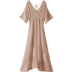 Women's Lace Maxi Dress Short Sleeve V Neck Party Dress Smocked Waist Boho Maxi Dress Bohemian Dress for Women (Khaki)