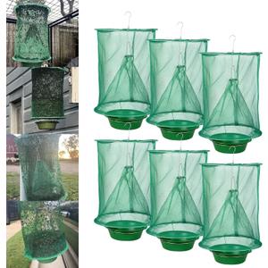 6 Pack Ranch Fly Traps Outdoor Hanging, Reusable Stable Fly Hunter Catcher Cage with Food Bait Tray, Flies Control Killer Repellent for Barn, Orchard, Farm, Horse, Patio