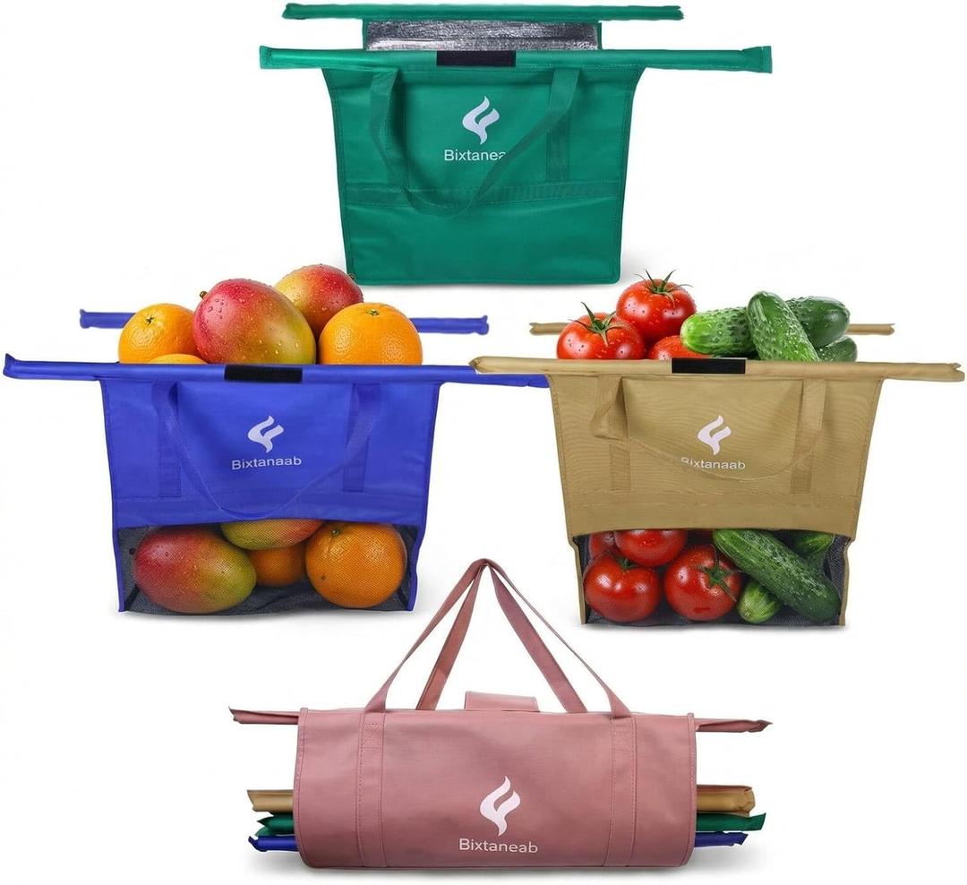 Shopping Cart Bags for Groceries, 4-Pack Collapsible Reusable Grocery Cart Bags with Sturdy Carry Handles + 1 Insulated Bag, Foldable Cart Organizer for Supermarket & Farmers Market