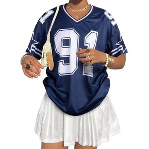 Women's Graphic Football Jersey Shirts Y2K Oversized T Shirt V Neck Baggy Streetwear Summer Tops Blue.S