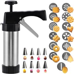 ELENTGE Cookie Press Gun Kit, Spritz Cookie Press with 13 Discs, 8 Piping Tips, Stainless Steel Cookies Maker for Baking, DIY Christmas Cookies and Decorating