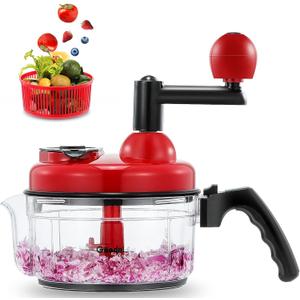 Geedel Hand Food Chopper, Quick Manual Vegetable Processor, Easy To Clean Rotary Dicer Mincer Mixer Blender for Onion, Garlic, Salad, Salsa, Nuts, Meat, Fruit, Ice, etc (Red)