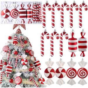 Red and White Christmas Ornaments Set, 14Pcs Christmas Tree Decorations with 6.5 inches Candy Cane Lollipop Ornaments, Shatterproof Xmas Balls Hanging Ornaments for Tree Home Holiday Party Decor