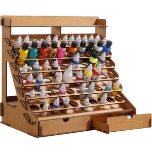16.5 Wooden Paint Organizer and Holder for 74 Bottles with 2 Drawers, Removable Compartments, and Back Storage Space for Acrylic and Craft Paints