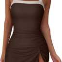 SUUKSESS Women Tummy Control Tankini Swimsuits with Skirt Backless Bathing Suit (Medium, Beige Brown)