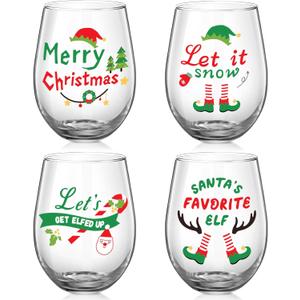 Hushee Set of 4 Christmas Wine Glasses Christmas Elf Glasses Drinkware Xmas Stemless Wine Glass for Home Housewarming Creative Gifts Teacher Men Woman Family Friends Coworkers Holiday Party Decor
