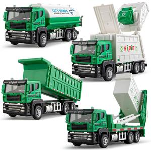 TAKGUD 4 Packs Die-cast Mini Garbage Truck Toy, Metal Trash Truck Vehicles Set for Kids, Friction Powered Recycling, Tankers, Alloy Dump Model Toy for Toddlers Boys