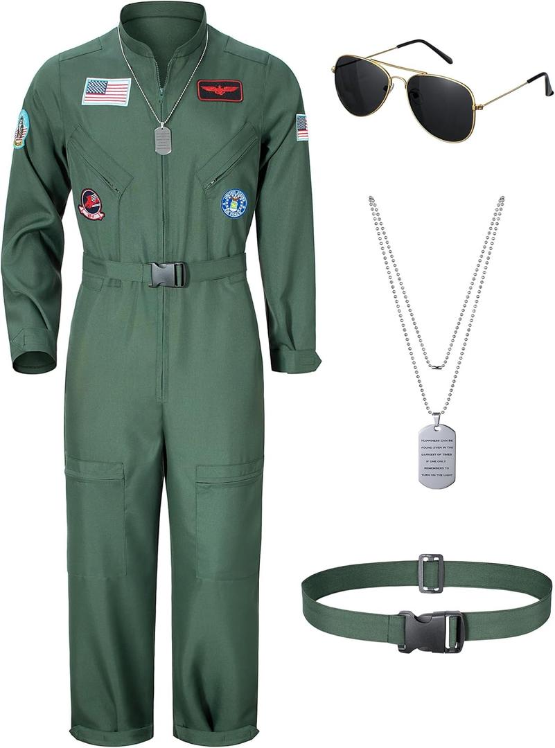 TOKYO REVENGERS Men Fighter Pilot Jumpsuit Air Force Flight Outfit Halloween Cosplay Costume With Accessories Set (Small, Green)