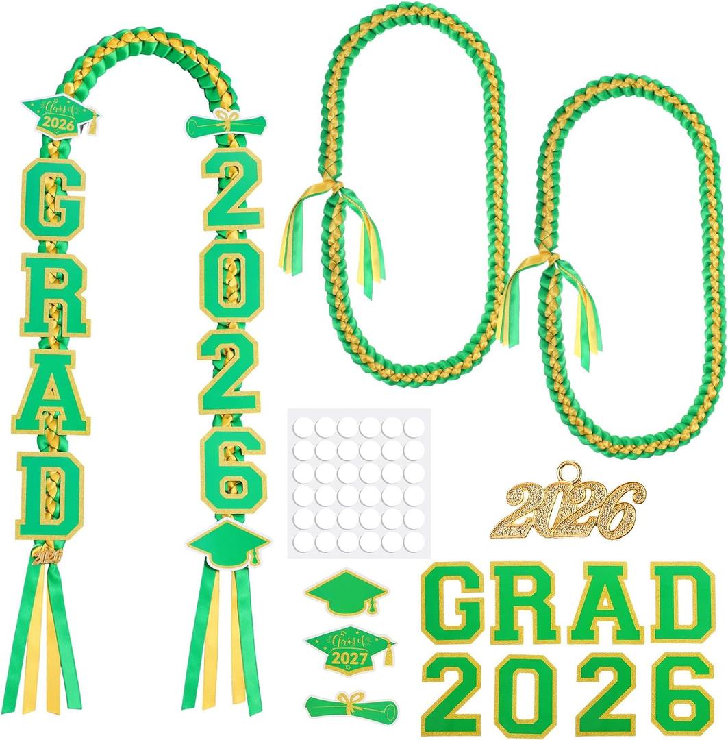Yinkin Graduation Ribbon Leis Set Class of 2026 Handmade Double Braided Necklace Adjustable Includes Silk Leis Grad Cutouts 2026 Pendant for Graduation Party Accessories(Green,Gold)