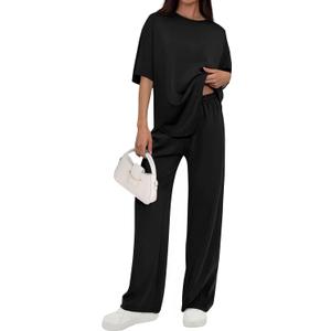 PRETTYGARDEN 2 Piece Lounge Sets for Women Summer 2026 Short Sleeve Matching Airport Travel Outfits Casual Spring Clothes (Small, Black)